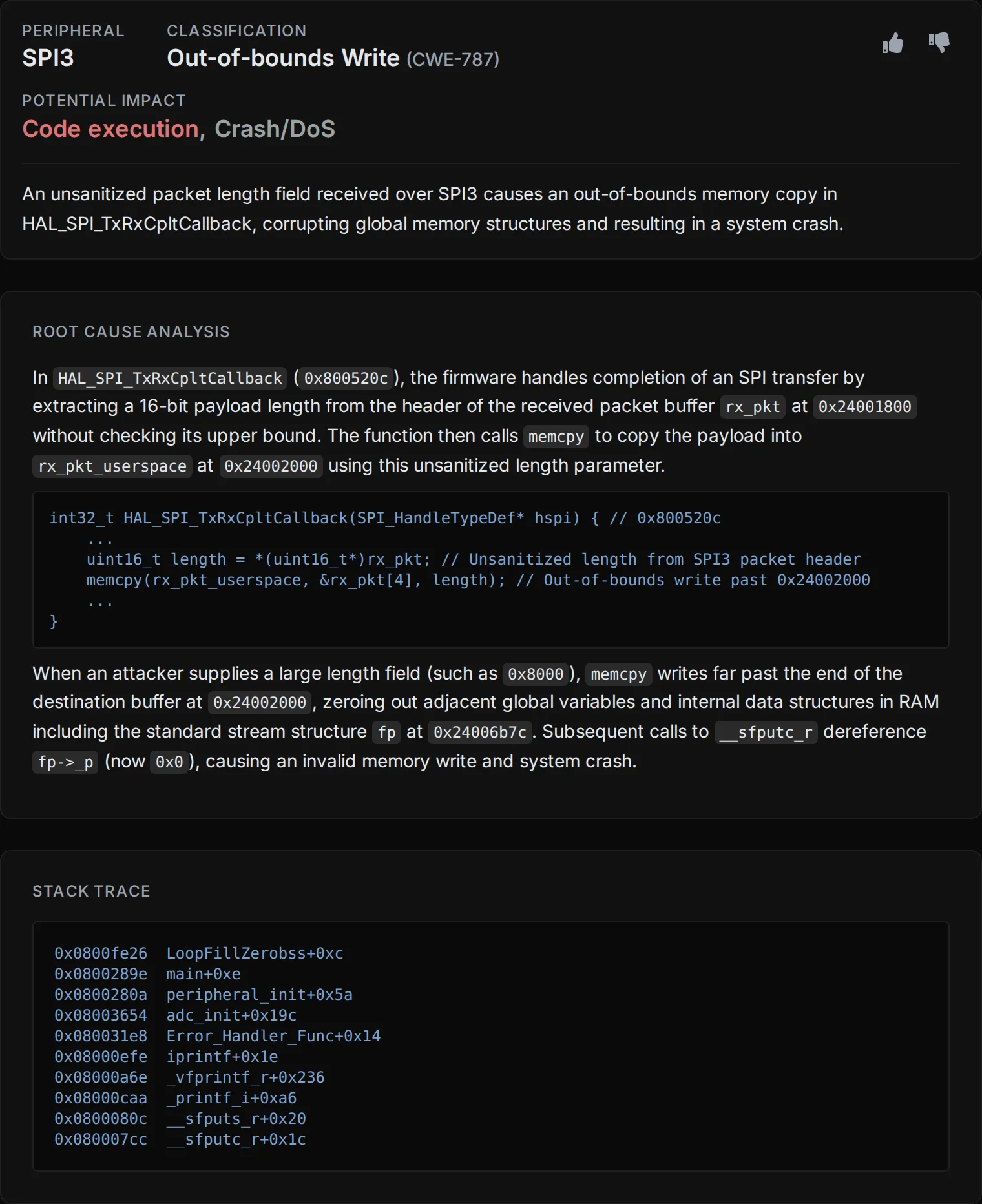 Defect detail view showing classification, root cause analysis, and stack trace