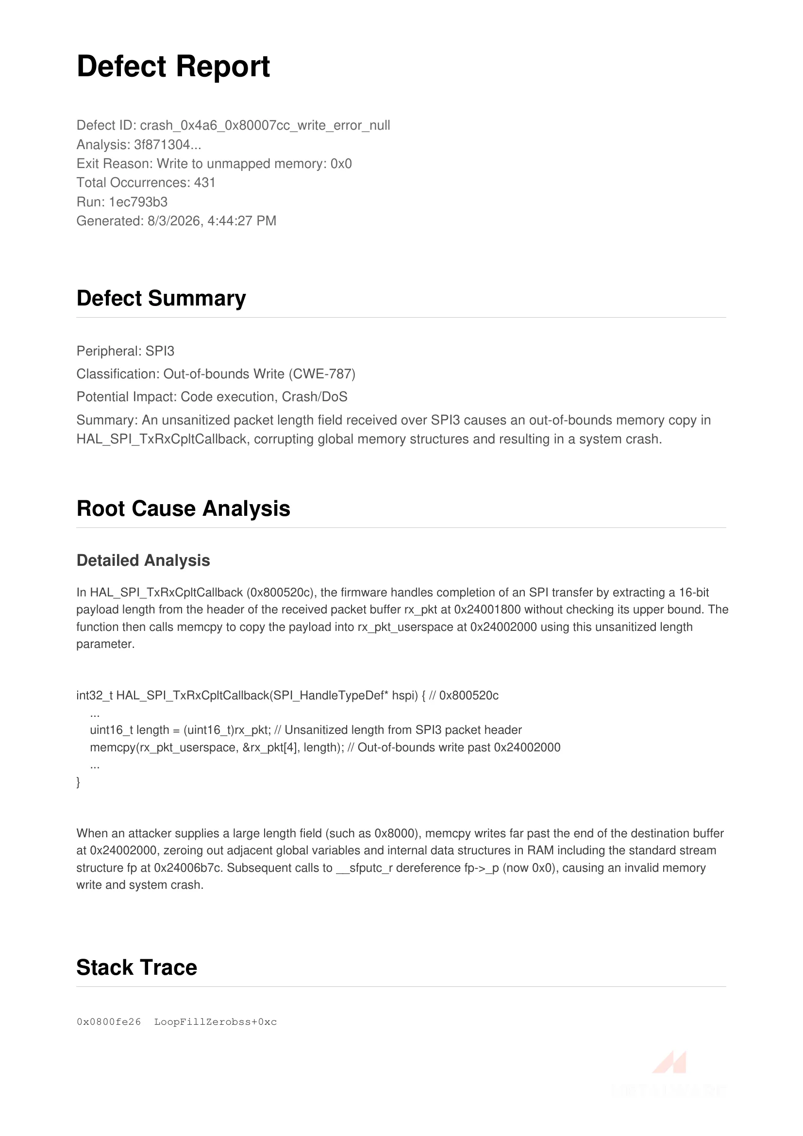 Defect report example